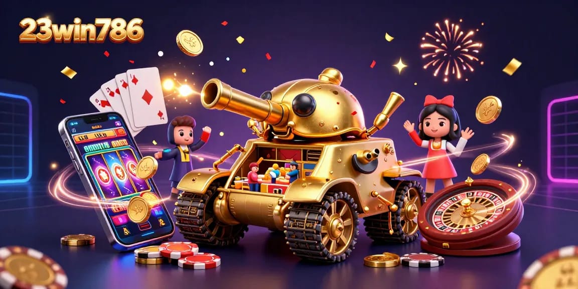 Experience the excitement of 23win786 with a dynamic digital casino scene showcasing slot games, confetti, and celebration.