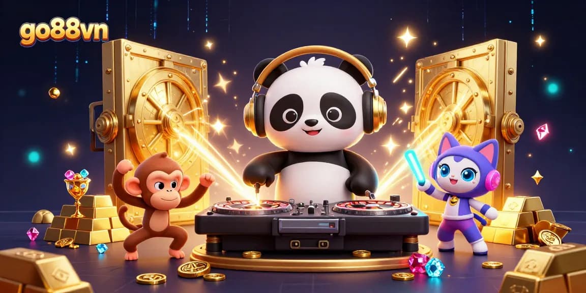 Engage in thrilling gameplay at go88vn with 3D characters celebrating a jackpot release in a vibrant casino scene.