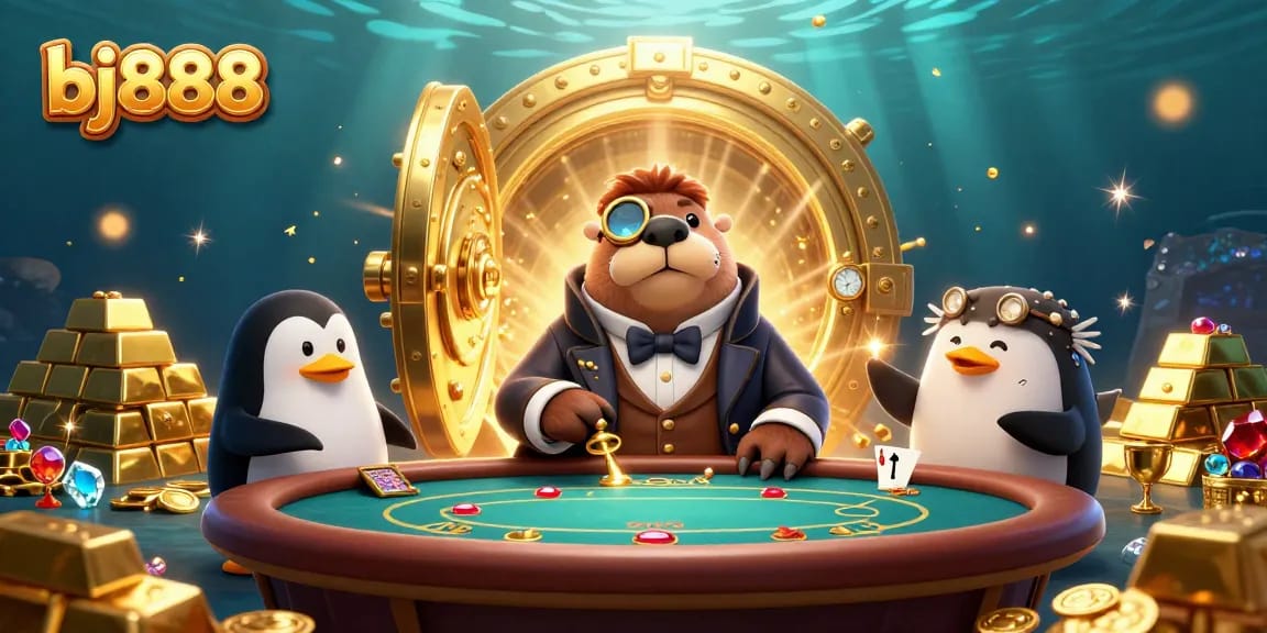 Experience high-stakes betting in bj888's underwater casino with fortune-filled details and lively characters.