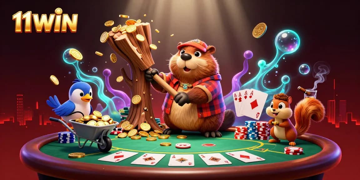 Experience the excitement with 11WIN as a beaver collects coins while playing poker.