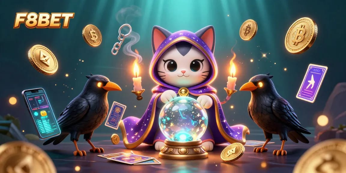 Engage in thrilling gaming at F8BET with a fortune teller cat and mystical elements.