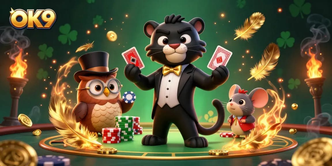Experience the thrill of OK9 casino with a stylish panther dealing cards in a vibrant, dynamic setting.