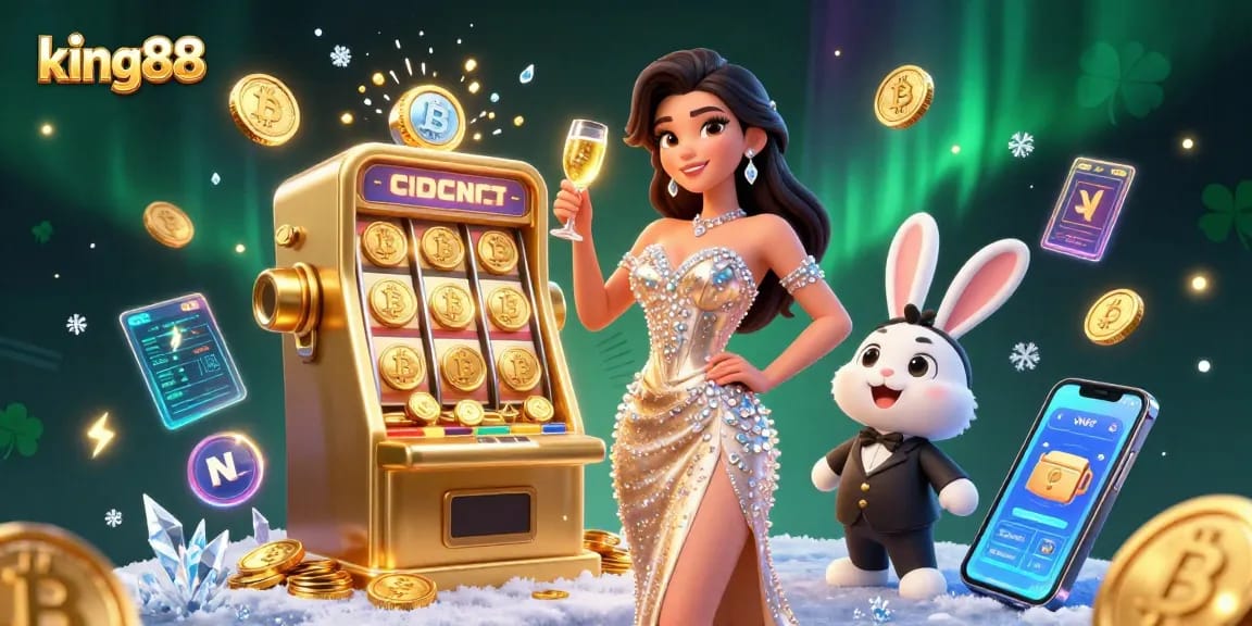 Experience thrilling gameplay at king88 with a dazzling woman celebrating next to a jackpot slot machine.