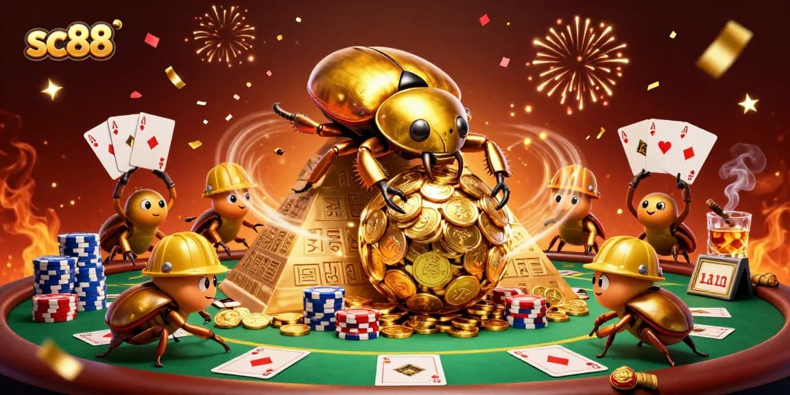 Engage with the vibrant SC88 casino world, featuring a golden dung beetle amidst a dynamic gambling scene.