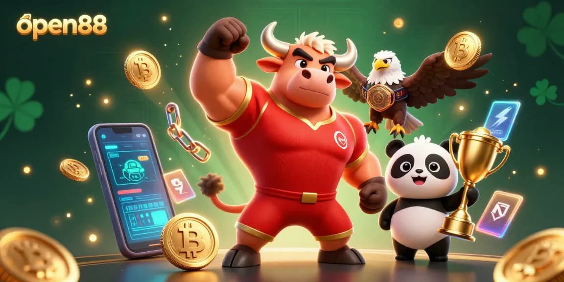 open88 features a victorious bull mascot, eagle, and panda amidst vibrant casino elements.