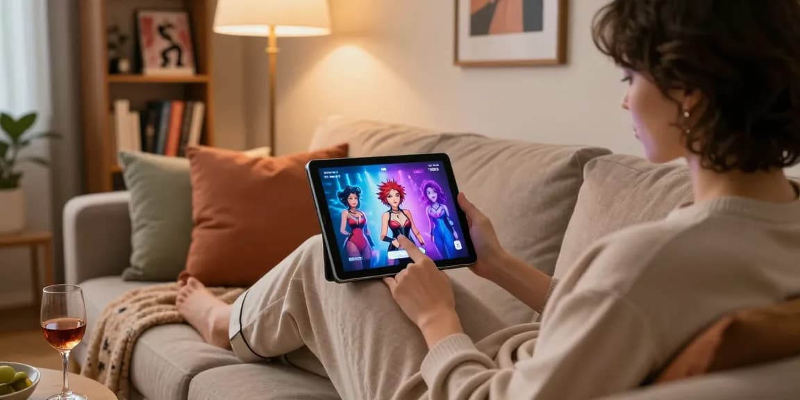 Enjoying nsfw ai chat in a cozy home environment with digital characters on screen
