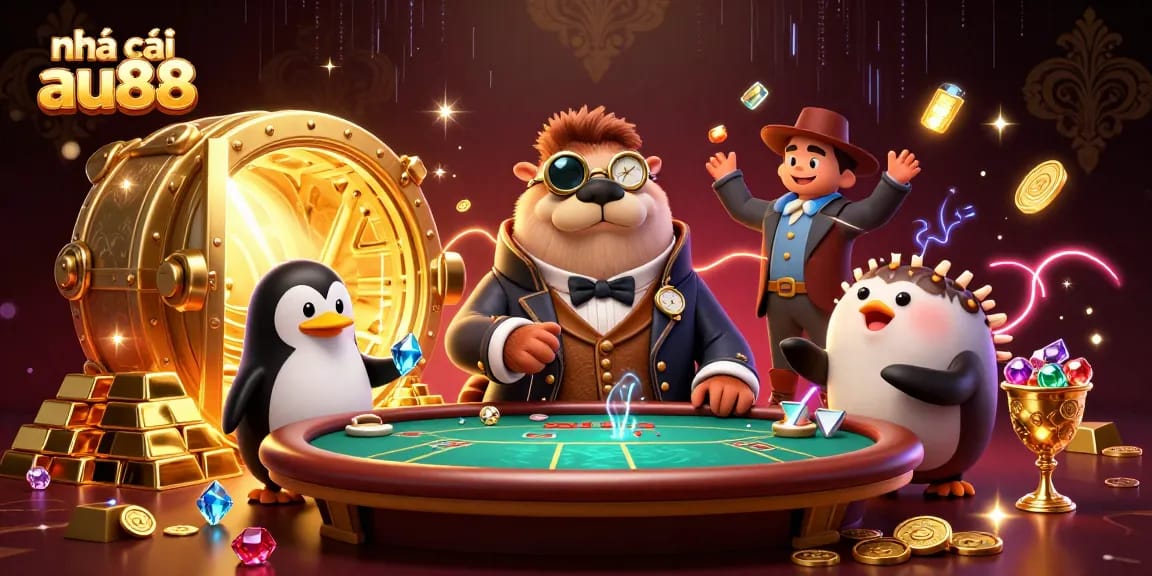 Immerse in the exciting world of nhà cái au88 with a jolly walrus and friends at a vibrant underwater poker game.
