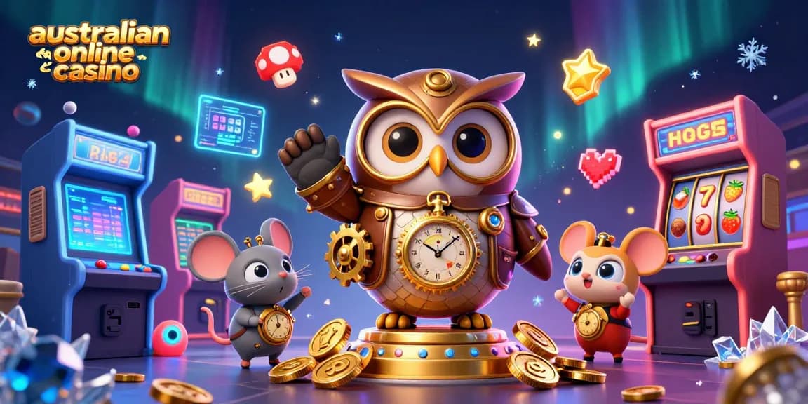 Experience vibrant action in an australian online casino with a time-traveling owl and steampunk elements.