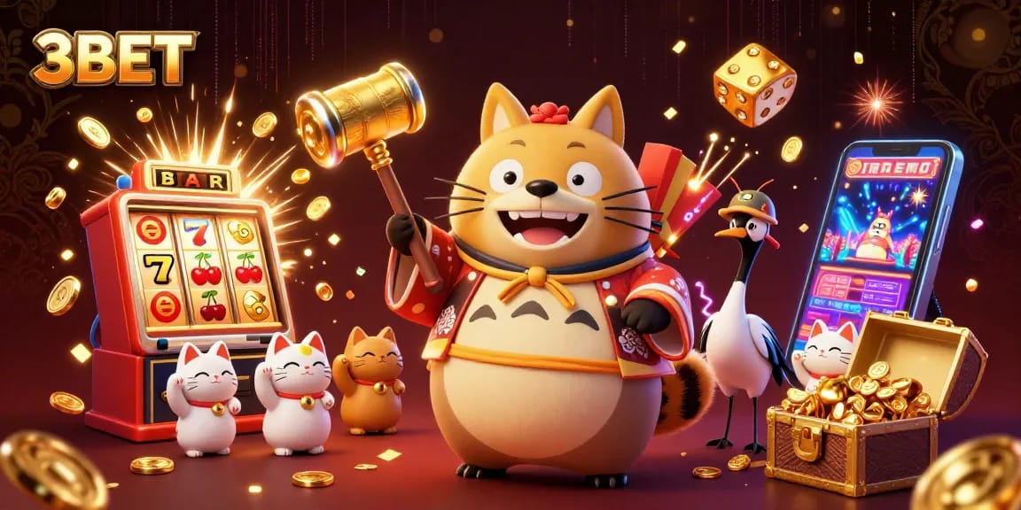 3BET logo interactive illustration highlighting a cheerful tanuki, lucky symbols and vibrant casino elements.