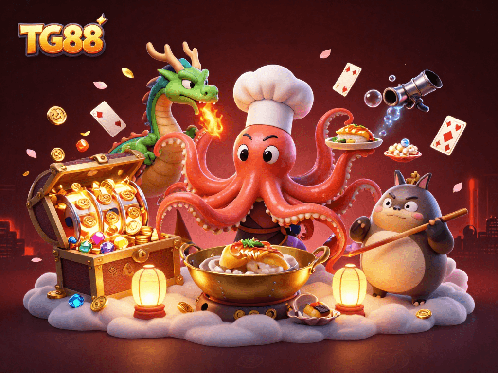 Experience thrilling games at TG88 with a sushi chef, dragon, and gaming treasures!