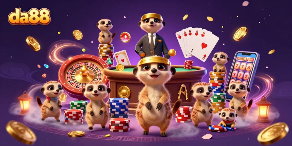 Experience thrilling gaming at da88 with meerkats managing a bustling casino and vibrant gameplay elements.