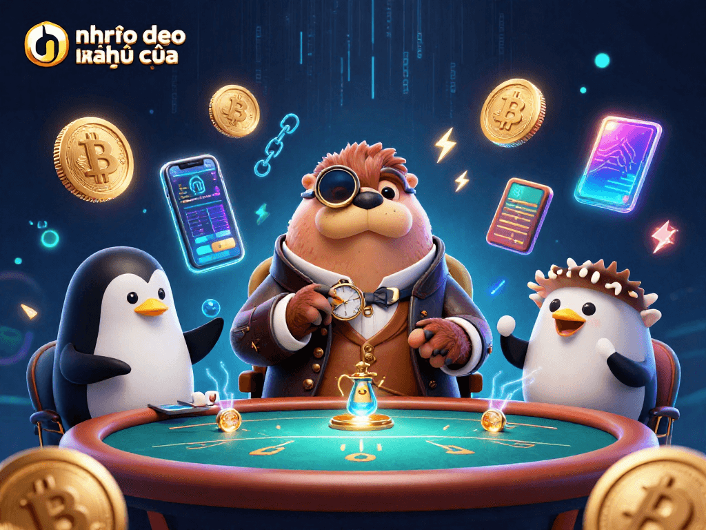 Engage in nhận định kèo nhà cái with jolly characters at an underwater poker table featuring vibrant crypto elements.