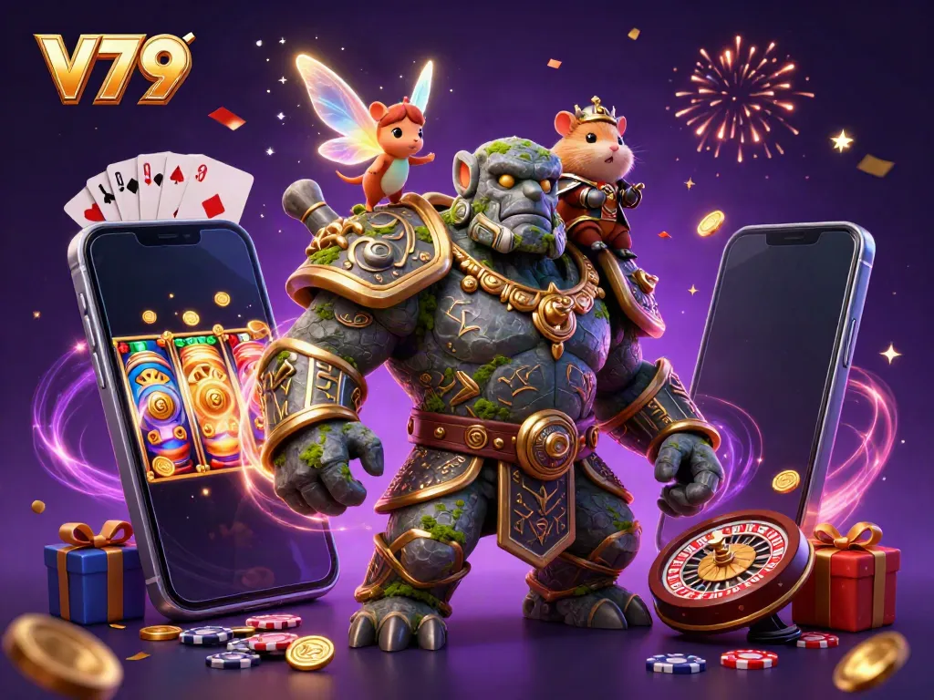 Experience V79's vibrant casino magic with golems and fairies in an action-packed scene.