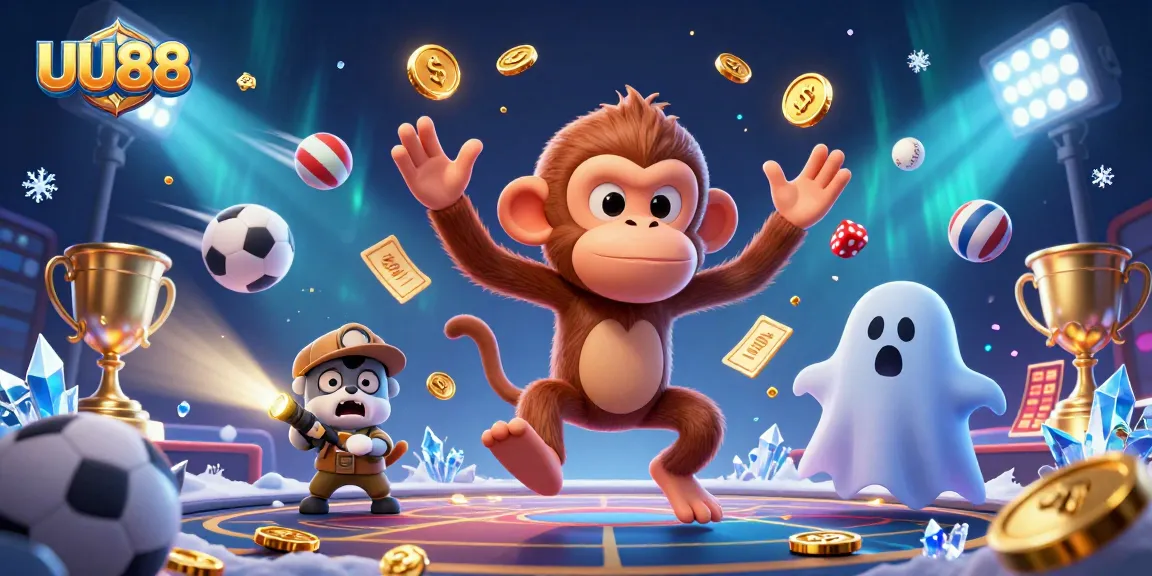 UU88 showcases a mischievous poltergeist monkey juggling golden casino items in a haunted scene.