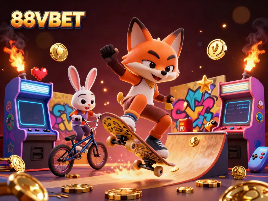 Engaging 3D scene showcasing adventurous characters promoting 88VBET with casino themes and vibrant arcade elements.