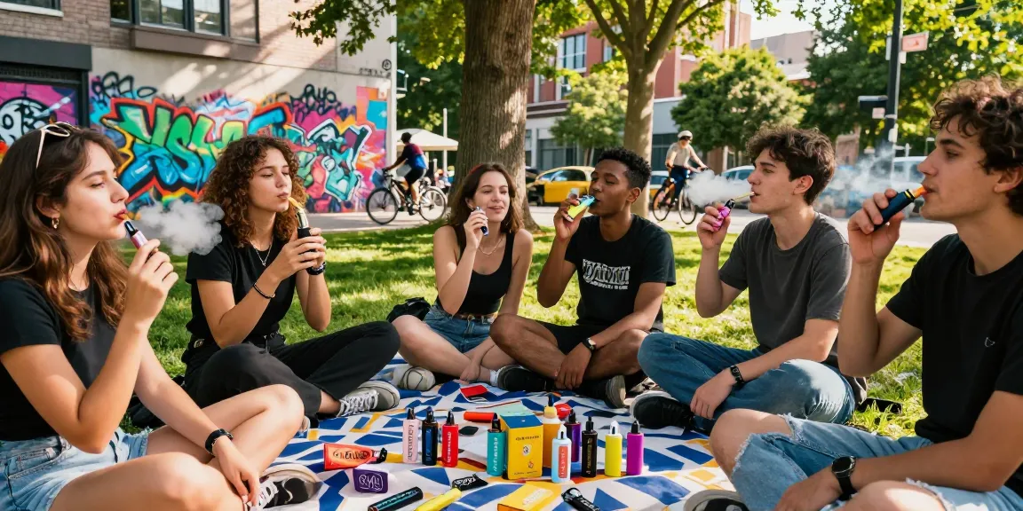 Friends enjoying top disposable vapes in USA at a vibrant urban park.