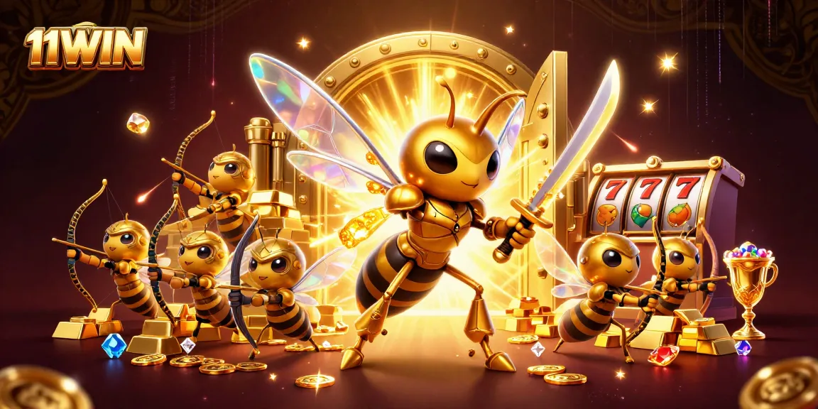 Win big with 11WIN at a vibrant casino scene filled with treasures and animated characters.