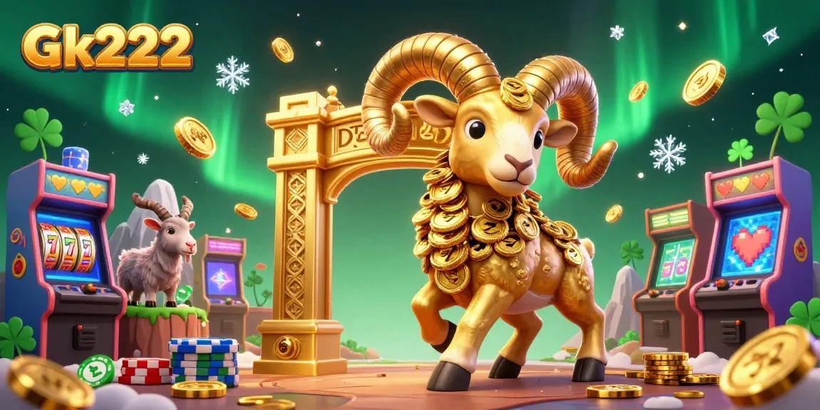 Engage with Gk222's vibrant gaming scene featuring golden elements and dynamic slot action.