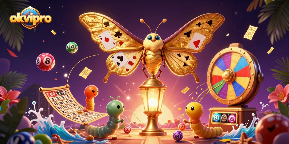 Engage with okvipro for vibrant lottery scenes featuring a majestic atlas moth and colorful game elements.