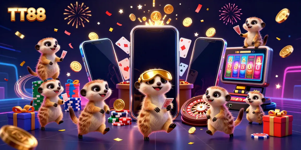Experience the vibrant excitement of TT88 in this lively meerkat casino scene with festive elements.