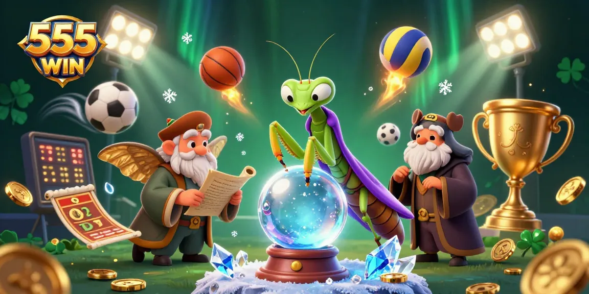 Engage with the thrilling excitement of 555 WIN as fortune tellers unveil winning strategies in a vibrant casino-themed illustration.