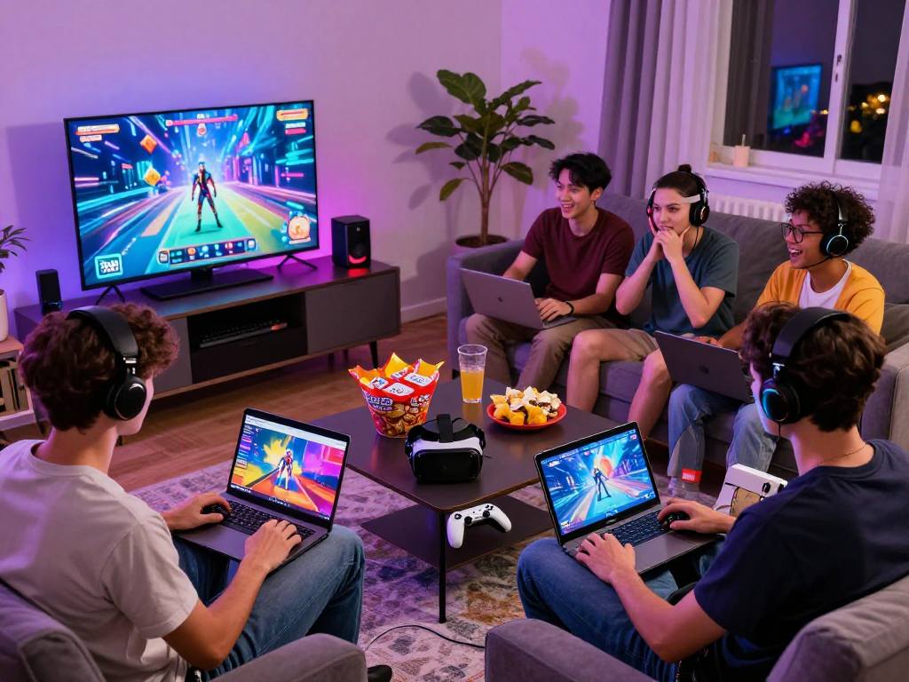 Players enjoying porno games on laptops and tablets in a lively gaming atmosphere