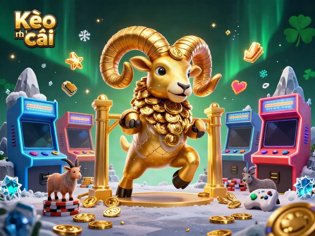Engaging Kèo nhà cái scene with a golden ram, colorful arcade machines, and energetic atmosphere.