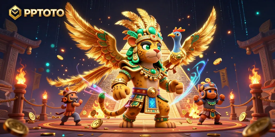 PPTOTO menangkap adrenalin dengan seorang pendeta Maya yang bersemangat dan burung quetzal, di tengah token emas yang berputar.