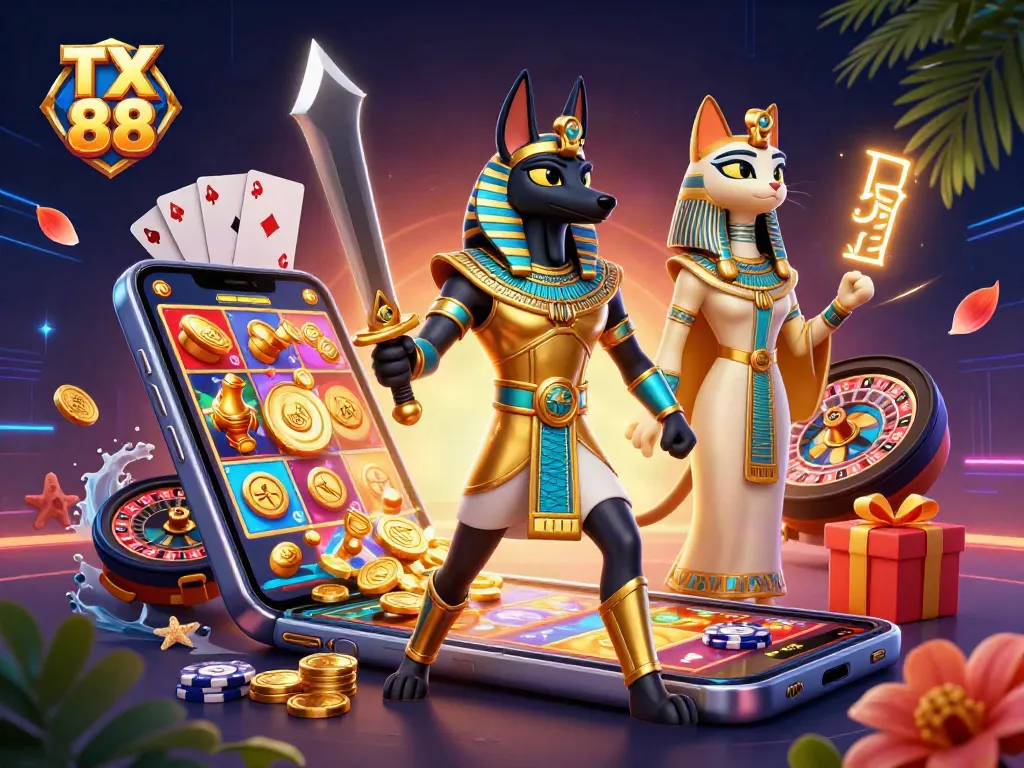 Experience TX 88 excitement with Anubis and Bastet amidst vibrant casino action.
