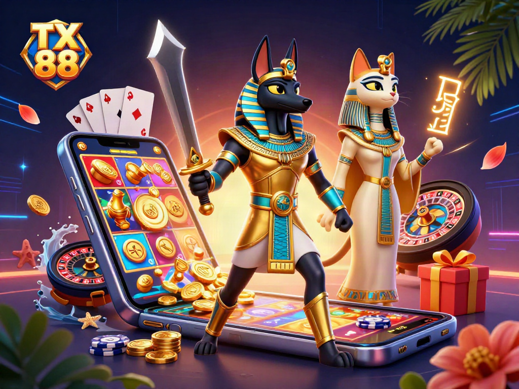 Experience TX 88 excitement with Anubis and Bastet amidst vibrant casino action.