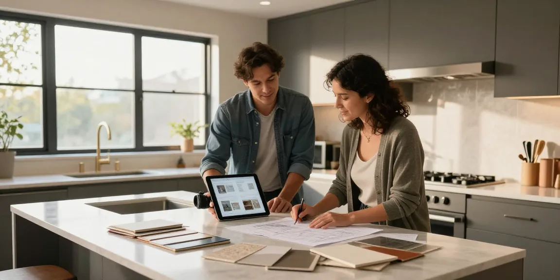 Engaging kitchen remodeling San Jose discussion between homeowner and contractor with design plans and samples.