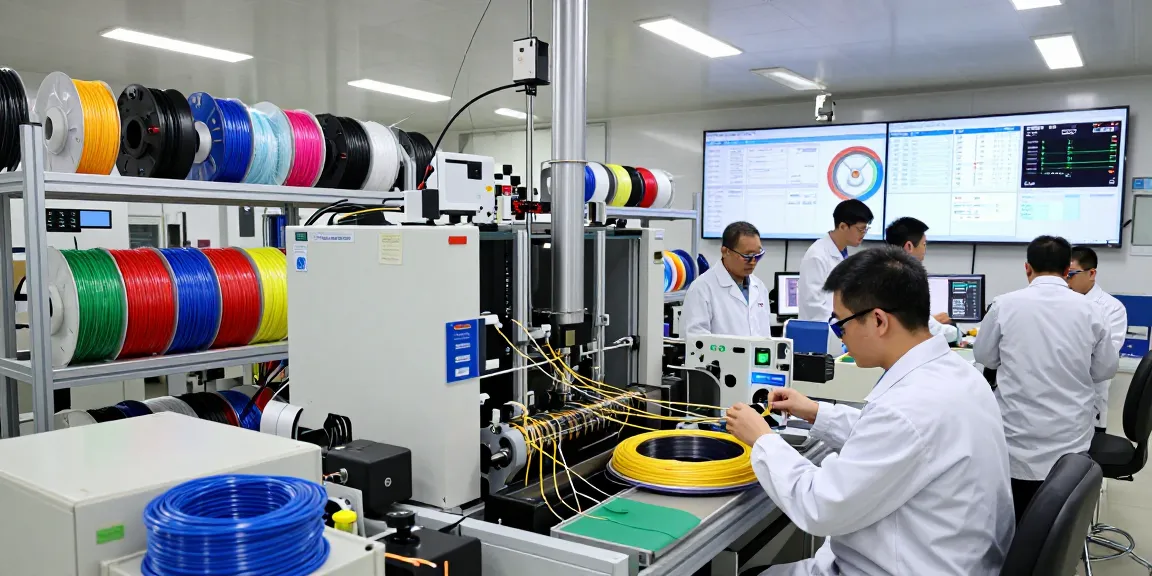 Engineers assembling high-quality fiber optic cables in a modern facility.