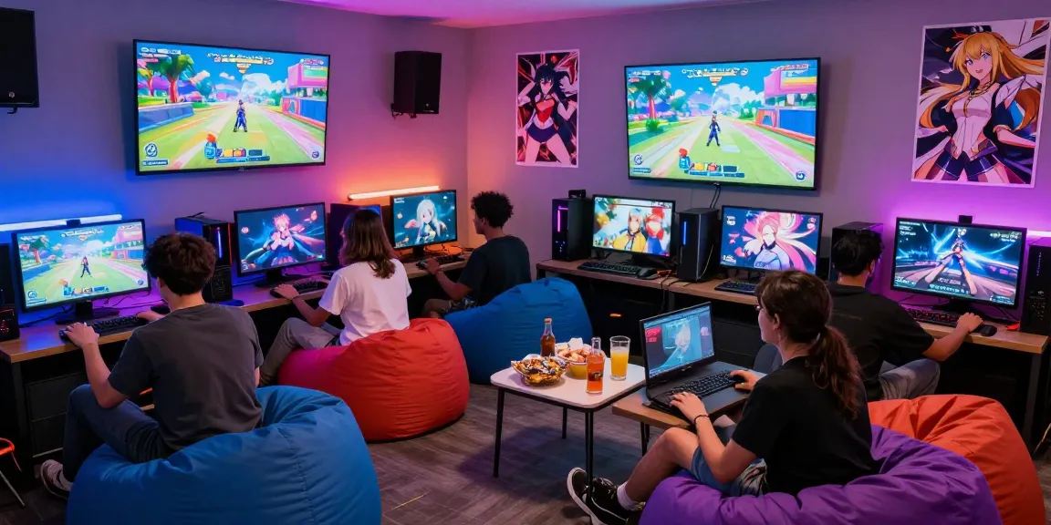 Friends enjoying a gaming session focused on the latest hentai game, surrounded by a vibrant atmosphere with anime decor.