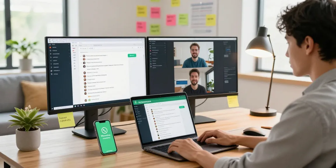 Using WhatsApp網頁版 on a vibrant home office, showcasing modern tech and a productive environment.