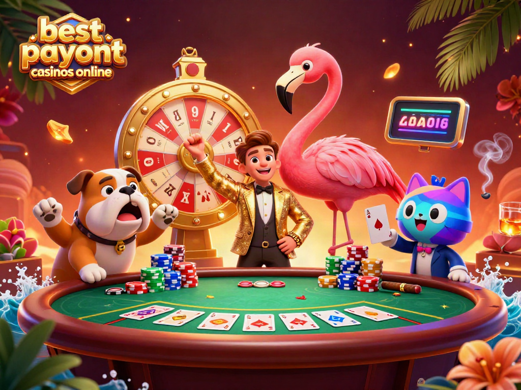 Engage with the best payout casinos online as characters celebrate wins at a lively game show scene.