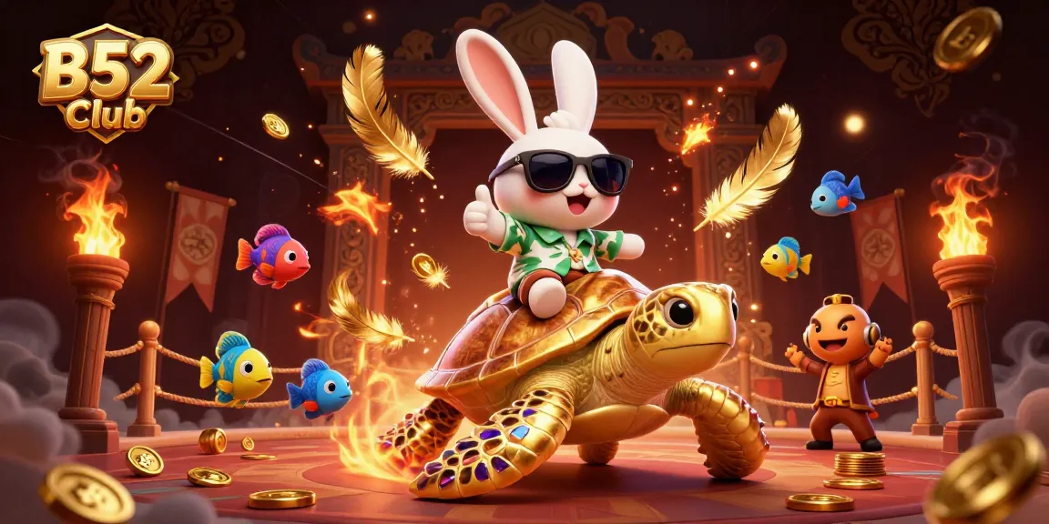 Bets soar at B52 Club, where a lucky rabbit and a golden turtle celebrate jackpots surrounded by vibrant casino elements.