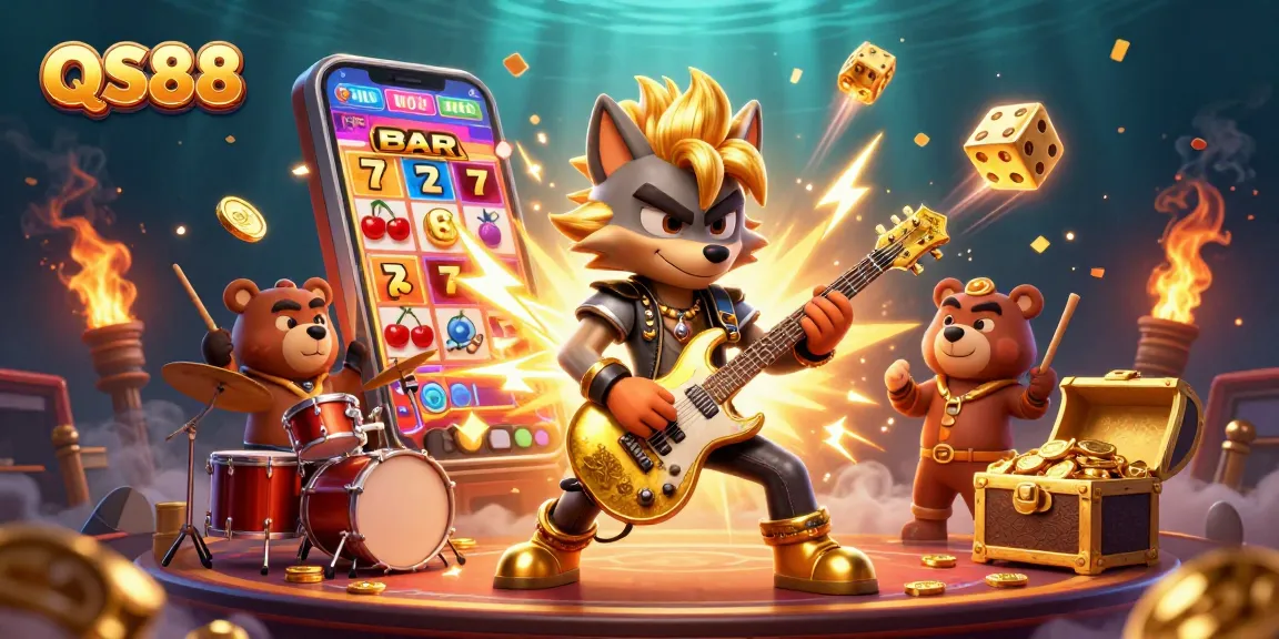 Experience the thrill of QS88 with a vibrant 3D illustration featuring a rock star wolf and jackpot elements.