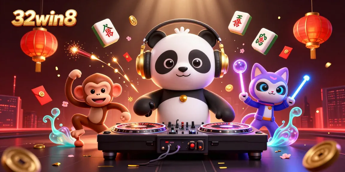 Engage with thrilling 32win8 experiences featuring a DJ panda, breakdancing monkey, and glowing kitten in a vibrant, dynamic casino scene.