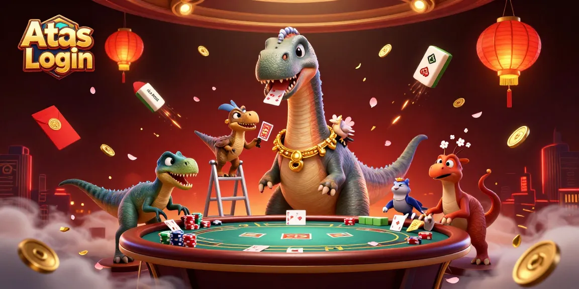 Experience secure Atas Login access with vibrant poker-themed illustration showcasing 3D characters.