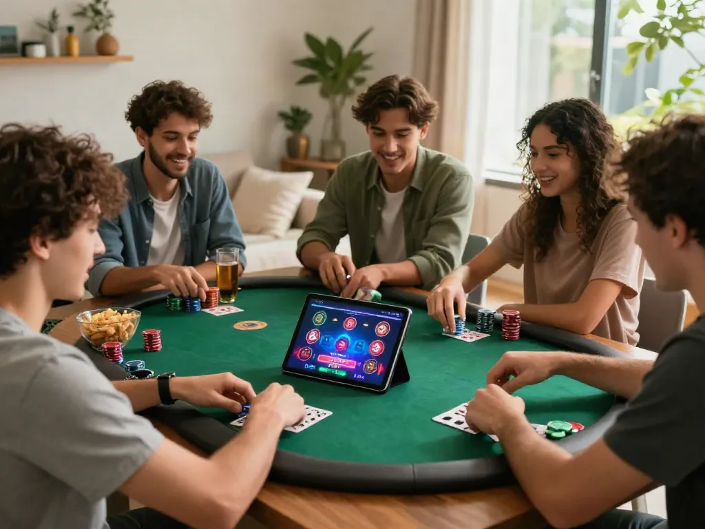 Engaging online betting experience on TX88 with friends enjoying poker night at home.