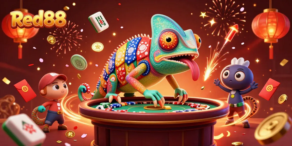 Experience Red88's vibrant casino atmosphere with a chameleon owner amidst festive gaming elements.