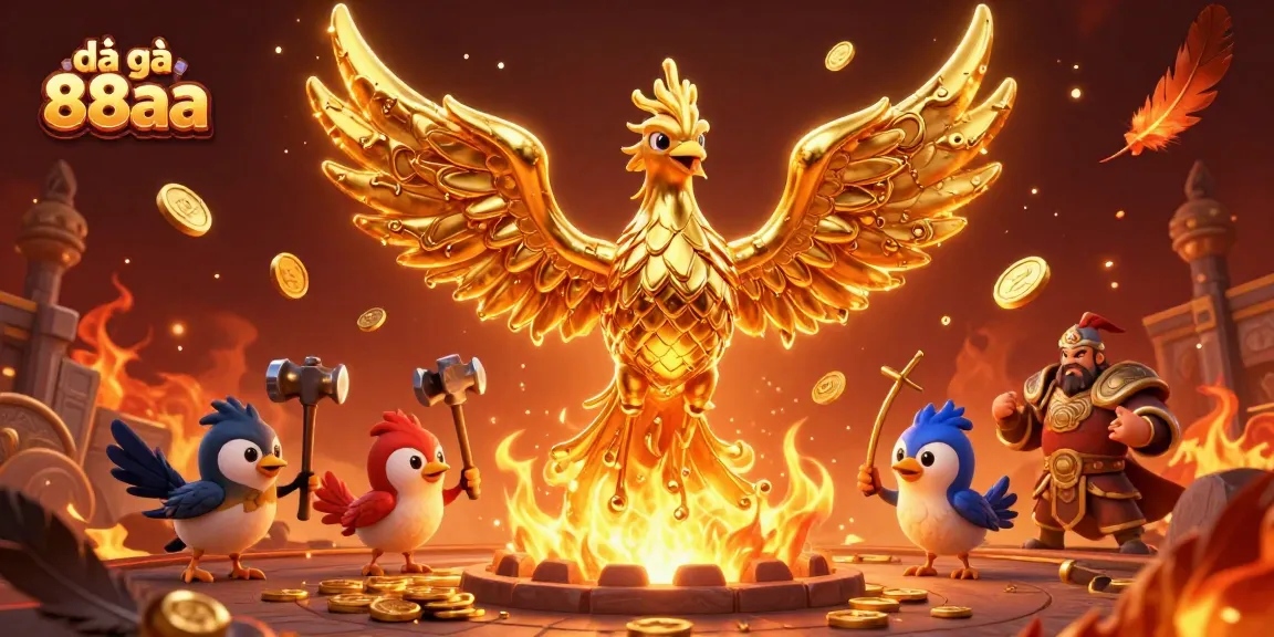 Experience the thrill of đá gà 88aa with dynamic phoenix and warrior elements illuminating competitive cockfighting action.