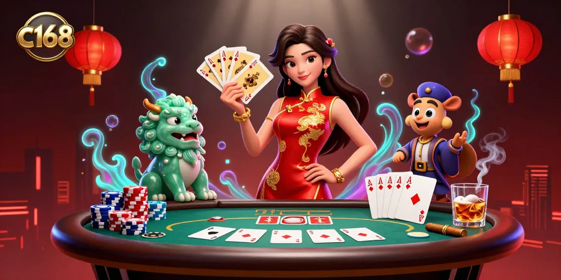 c168 captivates players with engaging poker scenes featuring a qipao-clad dealer and jade lion.
