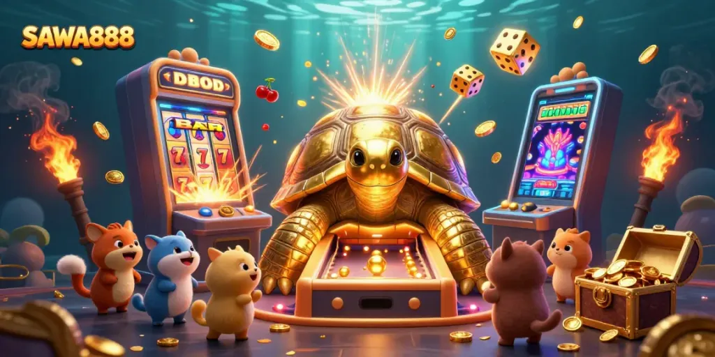 Experience thrilling wins at SAWA888 with vibrant 3D casino illustration showcasing slot machines and gold