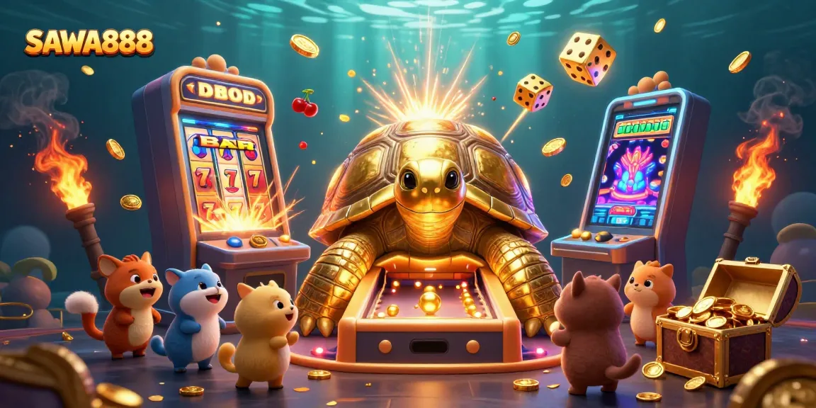 Experience thrilling wins at SAWA888 with vibrant 3D casino illustration showcasing slot machines and gold