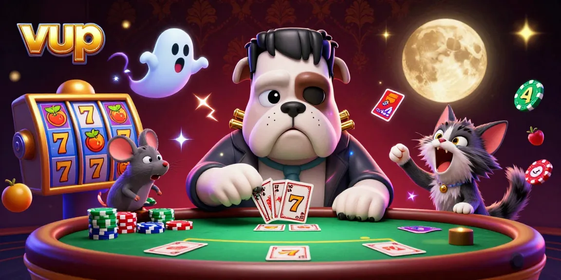 Engage with vup as the Frankenstein bulldog deals cards at a vibrant casino poker scene.