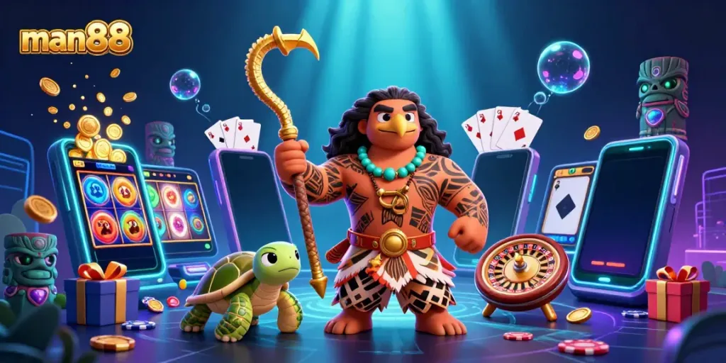 Spin and win with man88 in a vibrant casino scene featuring Polynesian demigod and slot gaming elements.