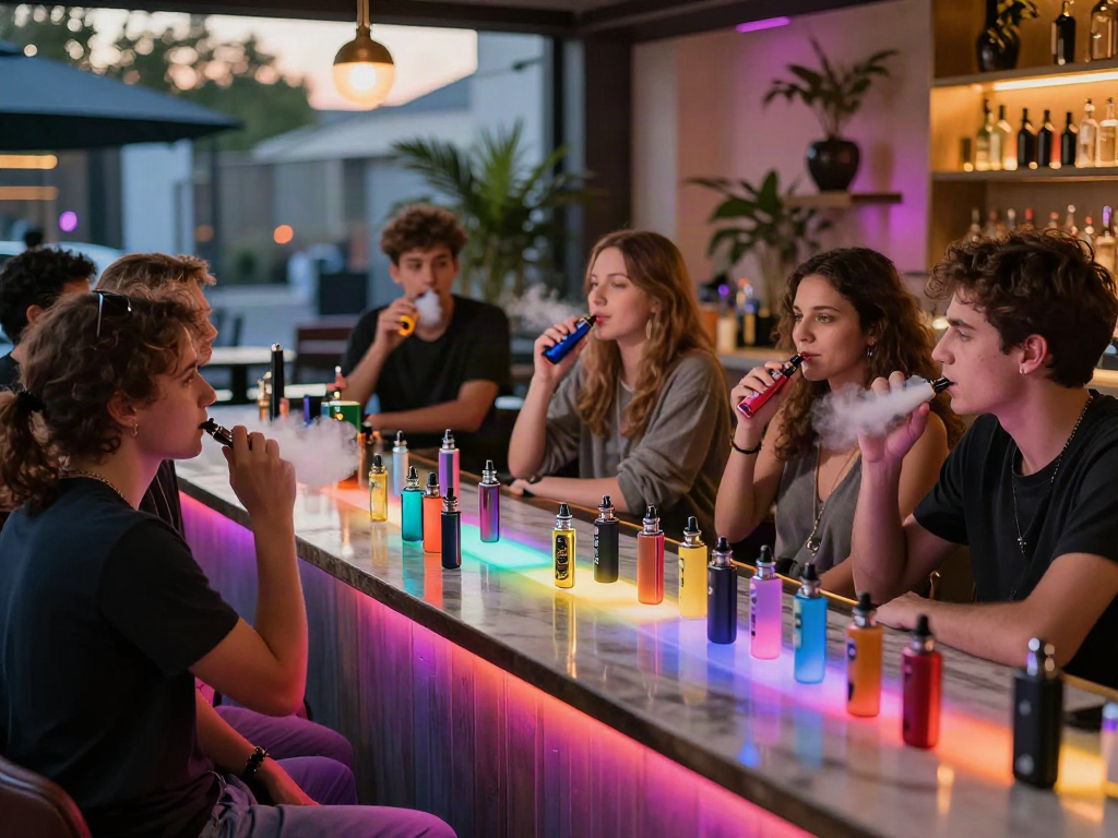 A vibrant raz vape social gathering at an urban bar with friends enjoying flavored e-liquids.