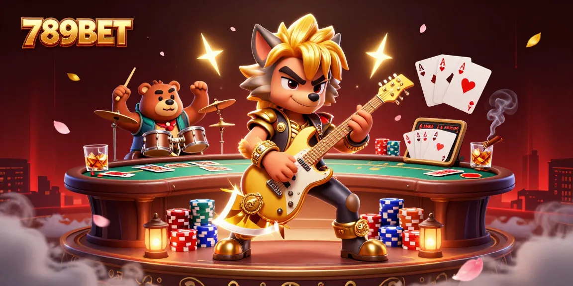 Experience the thrill with 789BET as a rock star wolf shreds on stage while poker chips scatter around.