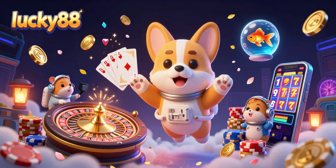Engage with lucky88's dynamic online casino experience as playful characters float among vibrant gaming elements.